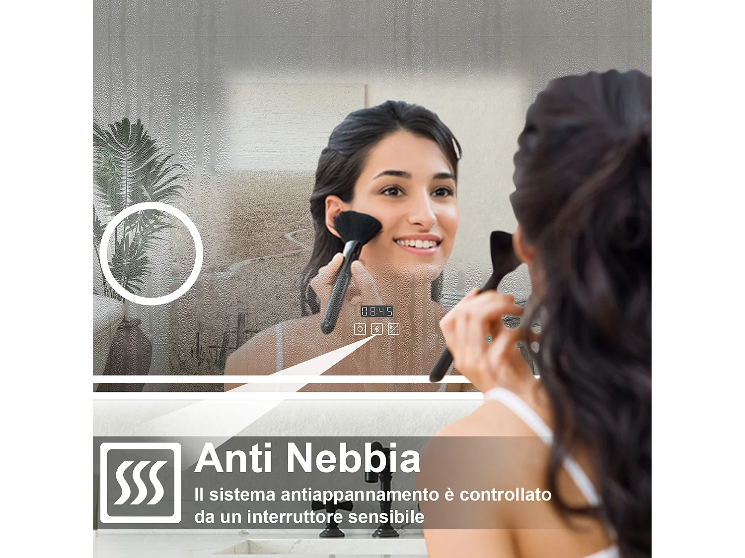 Specchio bagno Rettangolare 80x60cm Led Con 3 Luci + 3X Lente d'ingrandimento + Bluetooth + Orologio + Antiappannamento