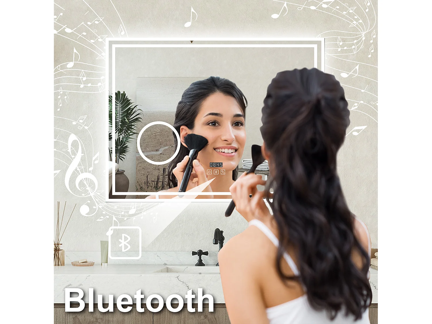 Specchio bagno Rettangolare 80x60cm Led Con 3 Luci + 3X Lente d'ingrandimento + Bluetooth + Orologio + Antiappannamento