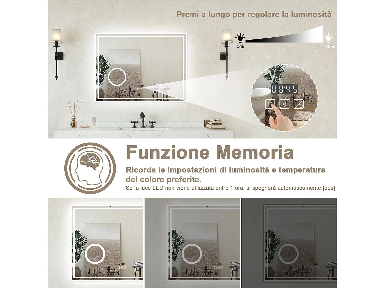 Specchio bagno Rettangolare 80x60cm Led Con 3 Luci + 3X Lente d'ingrandimento + Bluetooth + Orologio + Antiappannamento