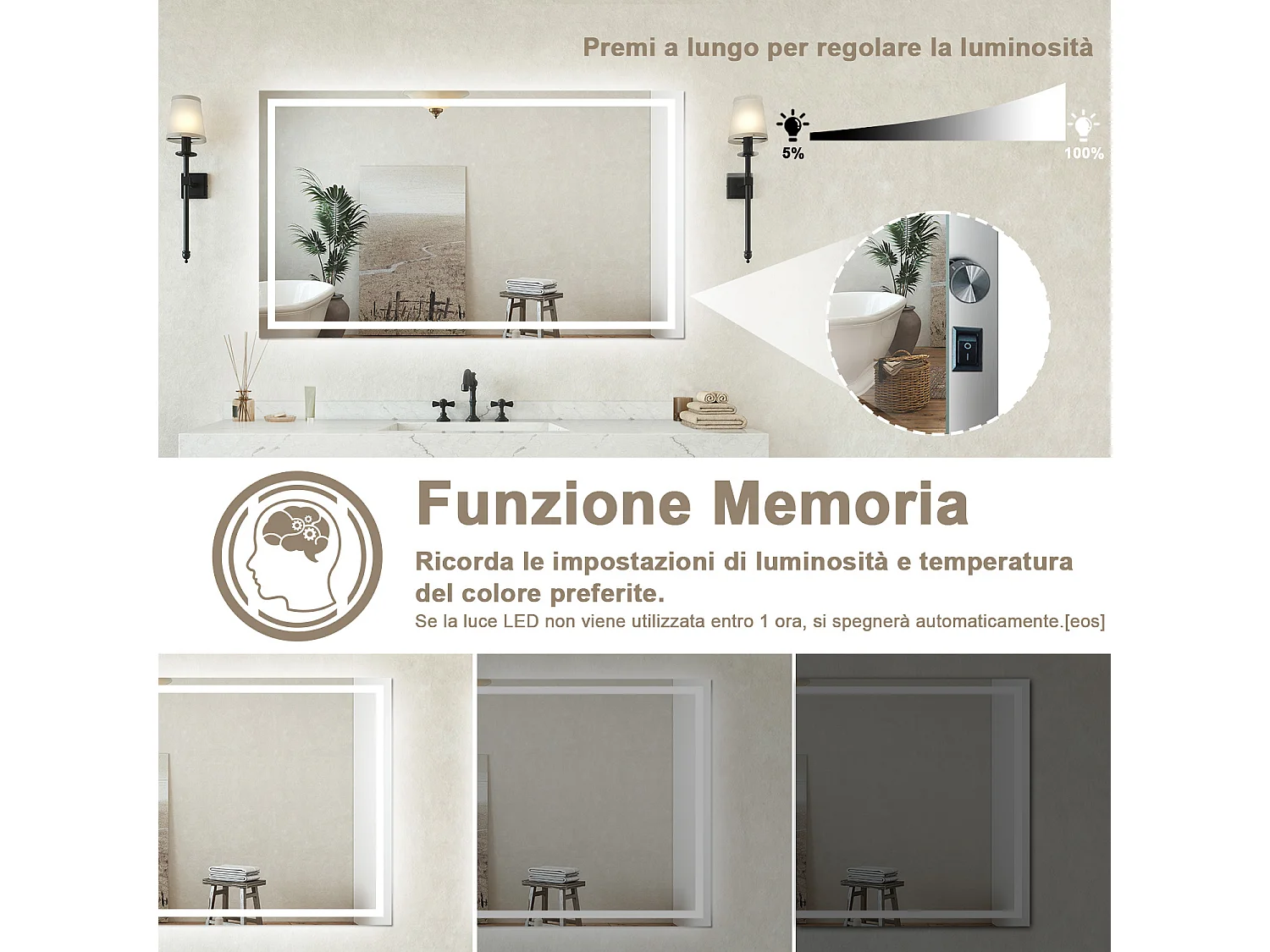 Specchio bagno Rettangolare 140x80cm Retroilluminato Con Led, Antiappannamento + 3 Luci