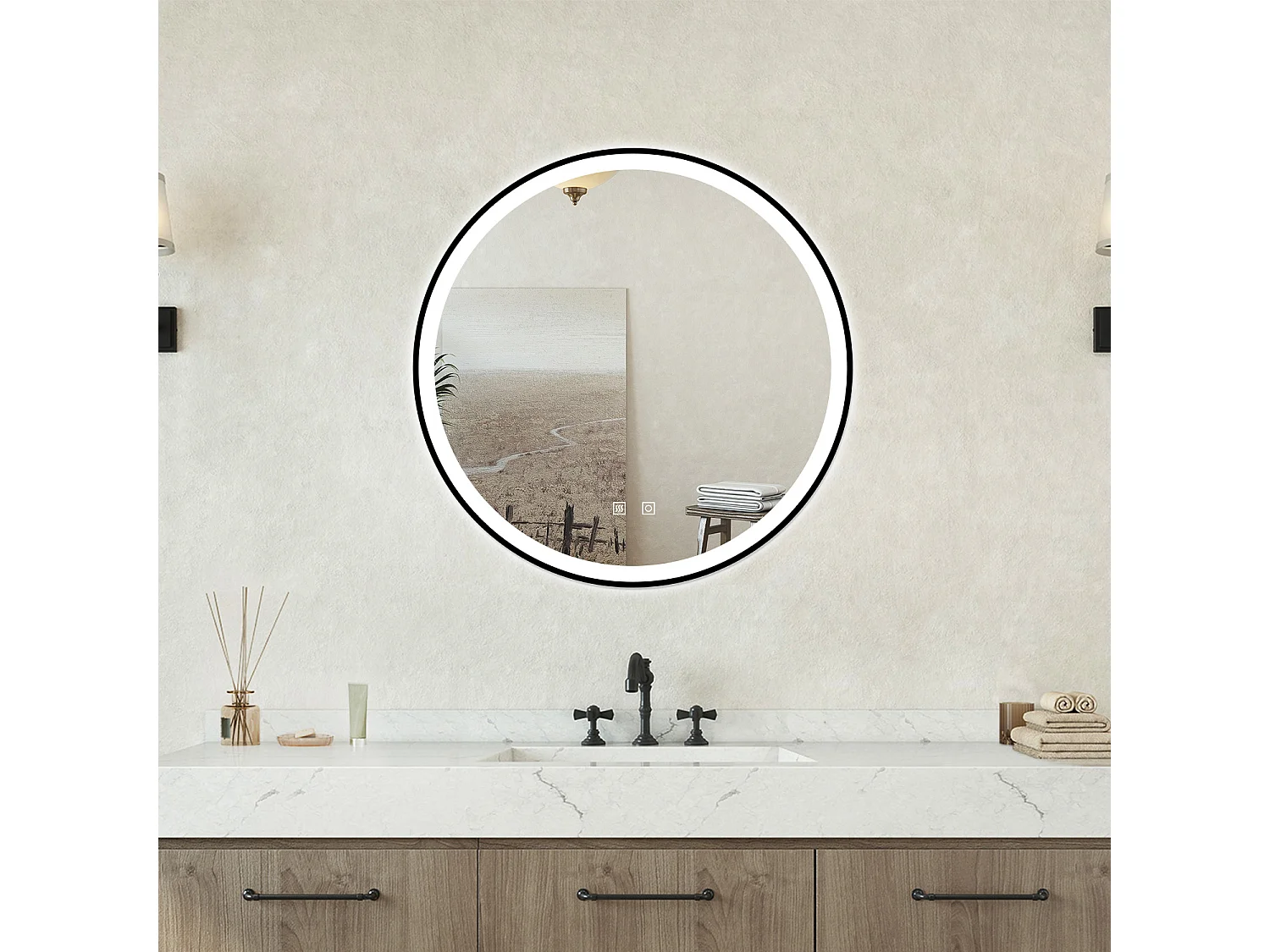 Specchio bagno Tondo Diametro 60cm Retroilluminato Con Led, Antiappannamento + 3 Luci