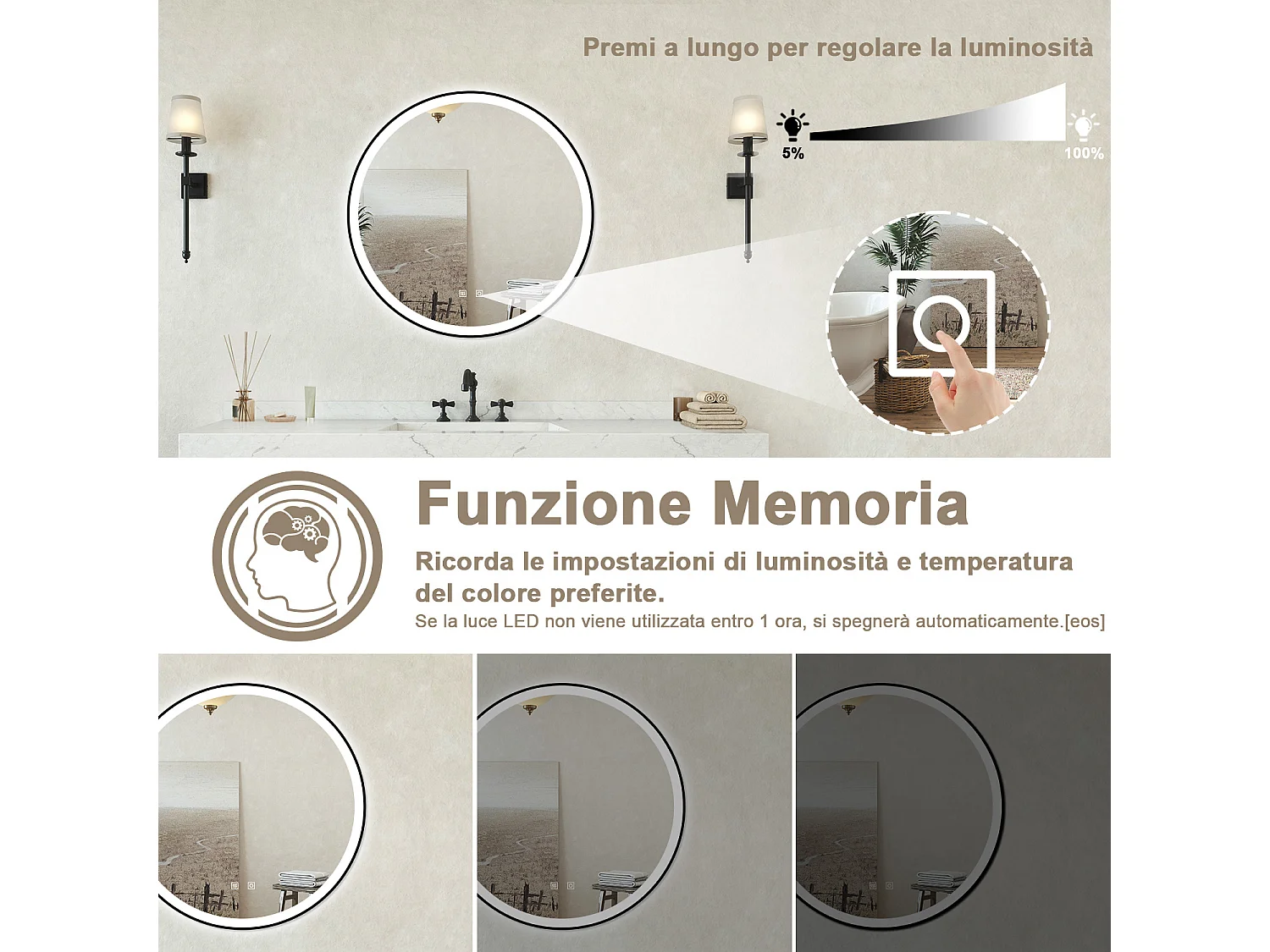 Specchio bagno Tondo Diametro 60cm Retroilluminato Con Led, Antiappannamento + 3 Luci