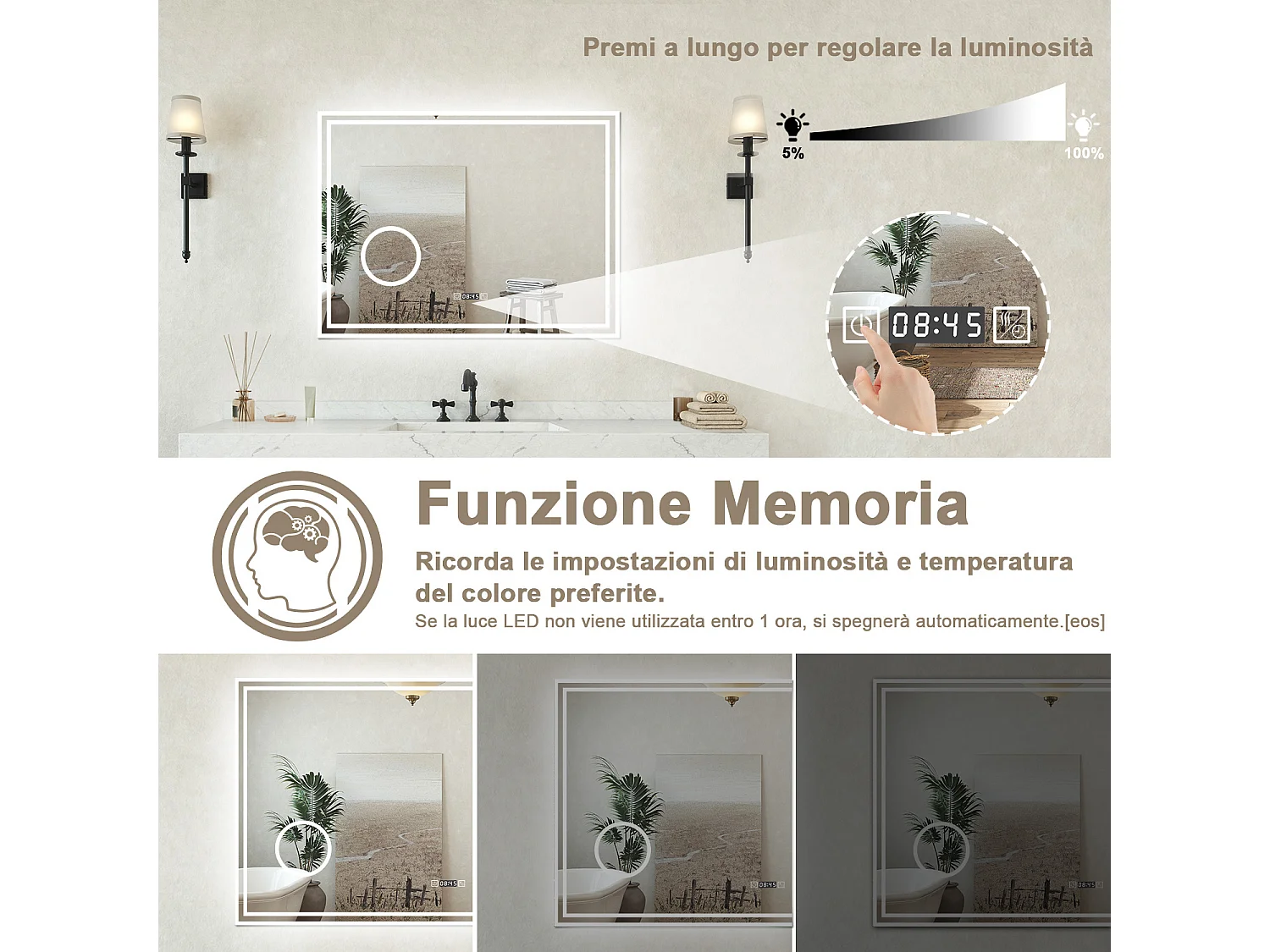 Specchio bagno Rettangolare 80x60cm Led Con 3 Luci + 3X Lente d'ingrandimento + Orologio + Antiappannamento