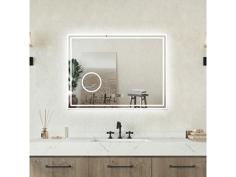 Specchio bagno Rettangolare 80x60cm Led Con 3 Luci + 3X Lente d'ingrandimento + Orologio + Antiappannamento