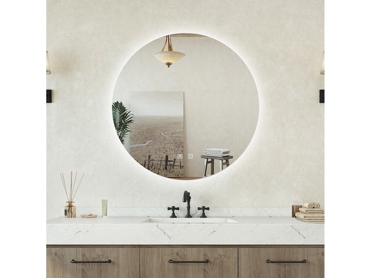 Specchio bagno Tondo 50cm Retroilluminato Con Led, Antiappannamento + 3 Luci