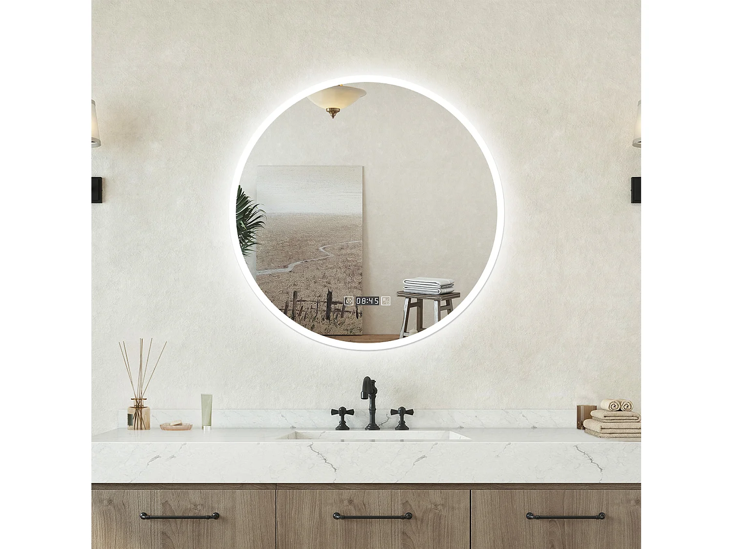 Specchio bagno Tondo 60cm Led Con 3 Luci + Orologio + Antiappannamento