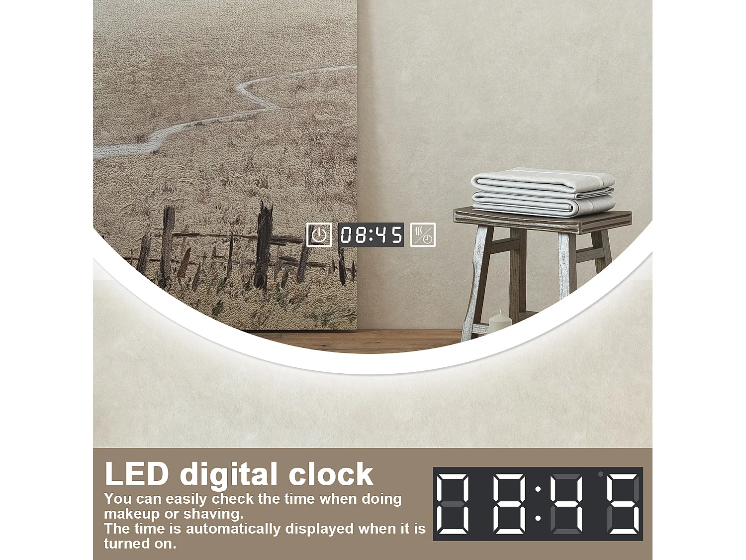 Specchio bagno Tondo 60cm Led Con 3 Luci + Orologio + Antiappannamento