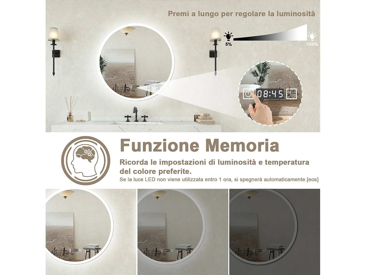 Specchio bagno Tondo 60cm Led Con 3 Luci + Orologio + Antiappannamento