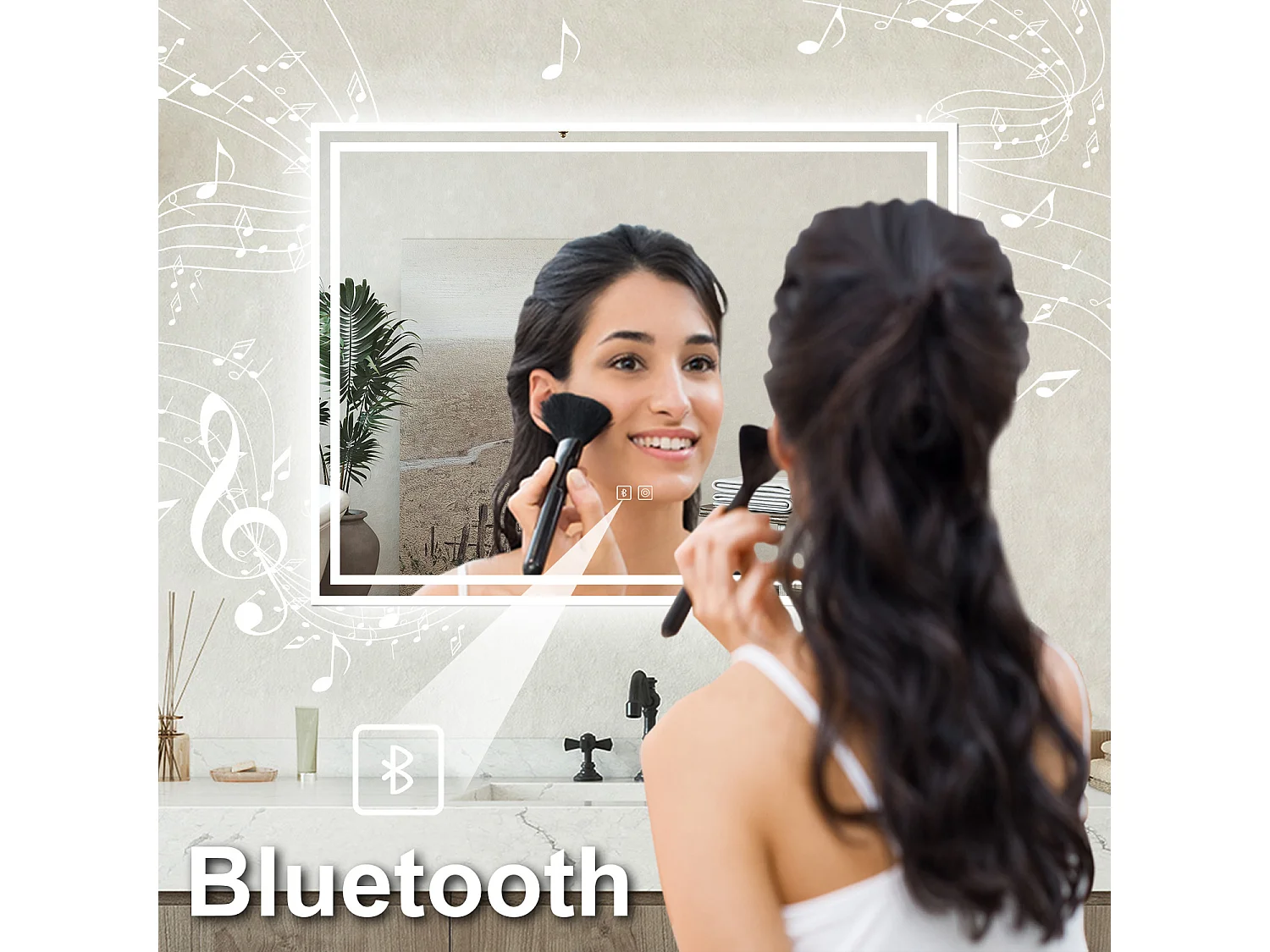 Specchio bagno Rettangolare 100x60cm Led Con 3 Luci + Bluetooth + Antiappannamento
