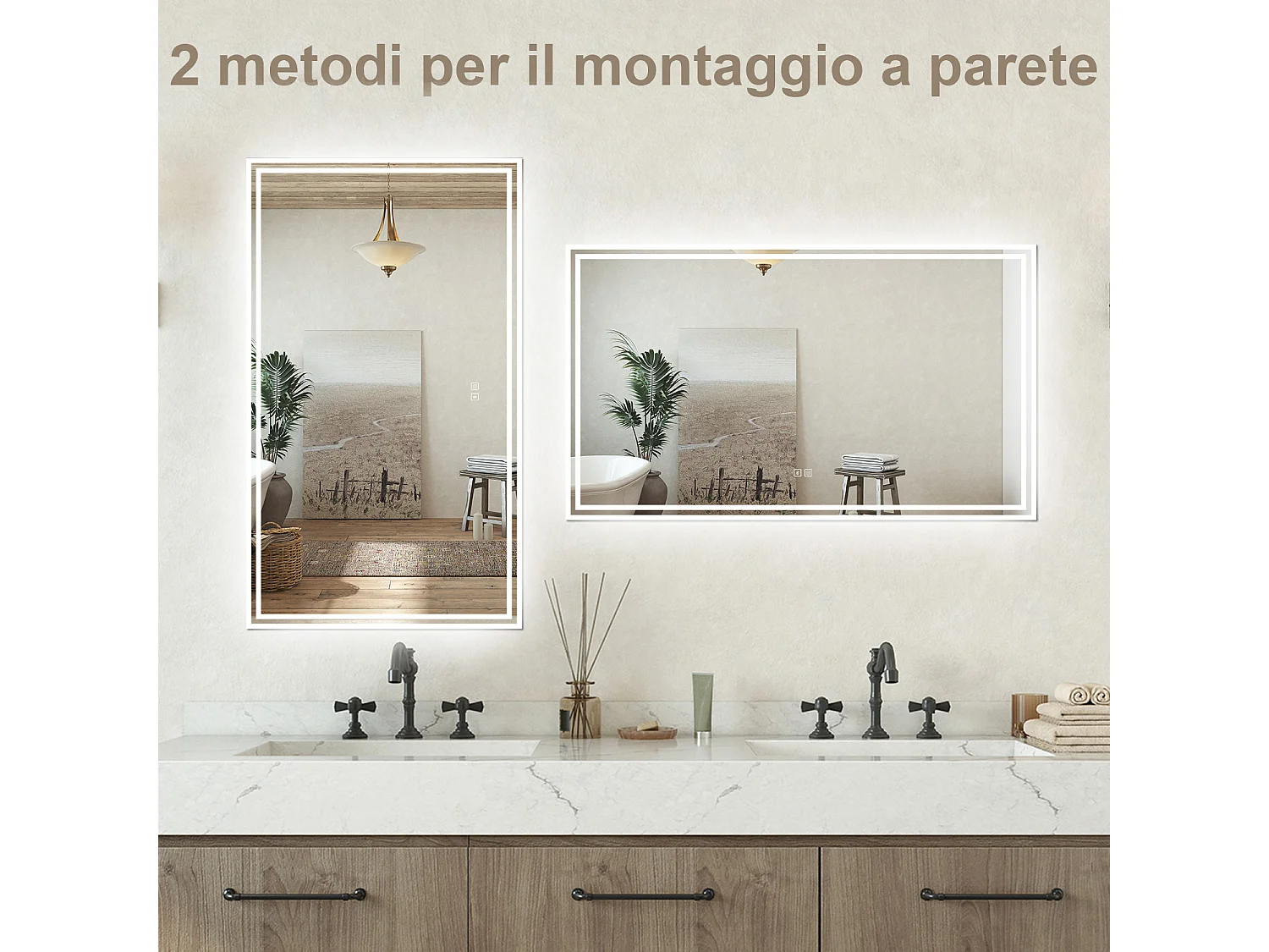 Specchio bagno Rettangolare 100x60cm Led Con 3 Luci + Bluetooth + Antiappannamento