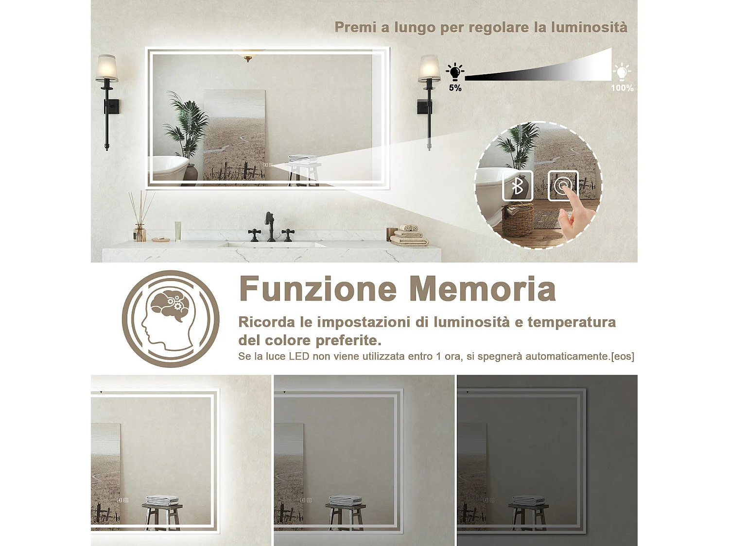 Specchio bagno Rettangolare 100x60cm Led Con 3 Luci + Bluetooth + Antiappannamento