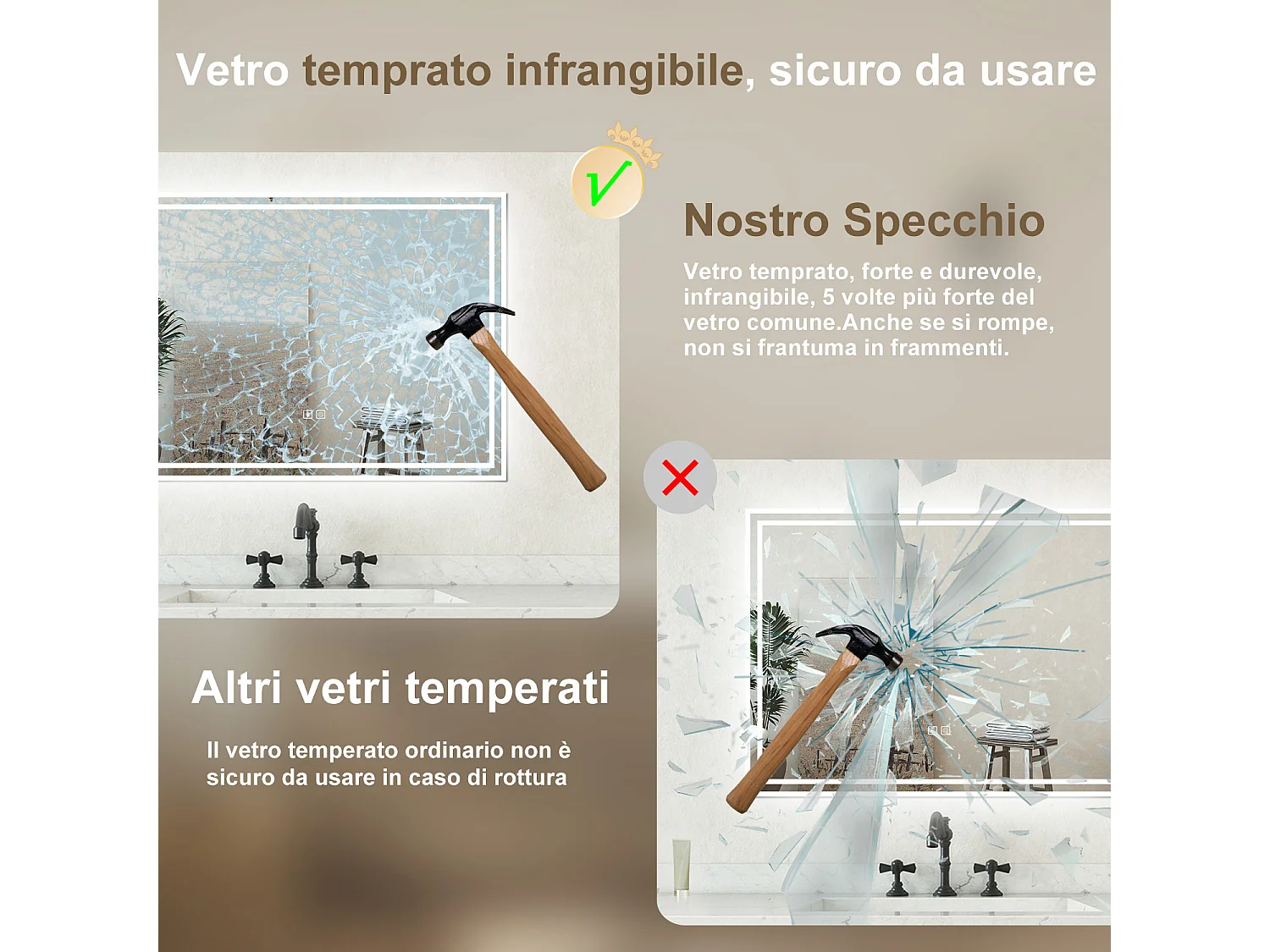 Specchio bagno Rettangolare 100x60cm Led Con 3 Luci + Bluetooth + Antiappannamento