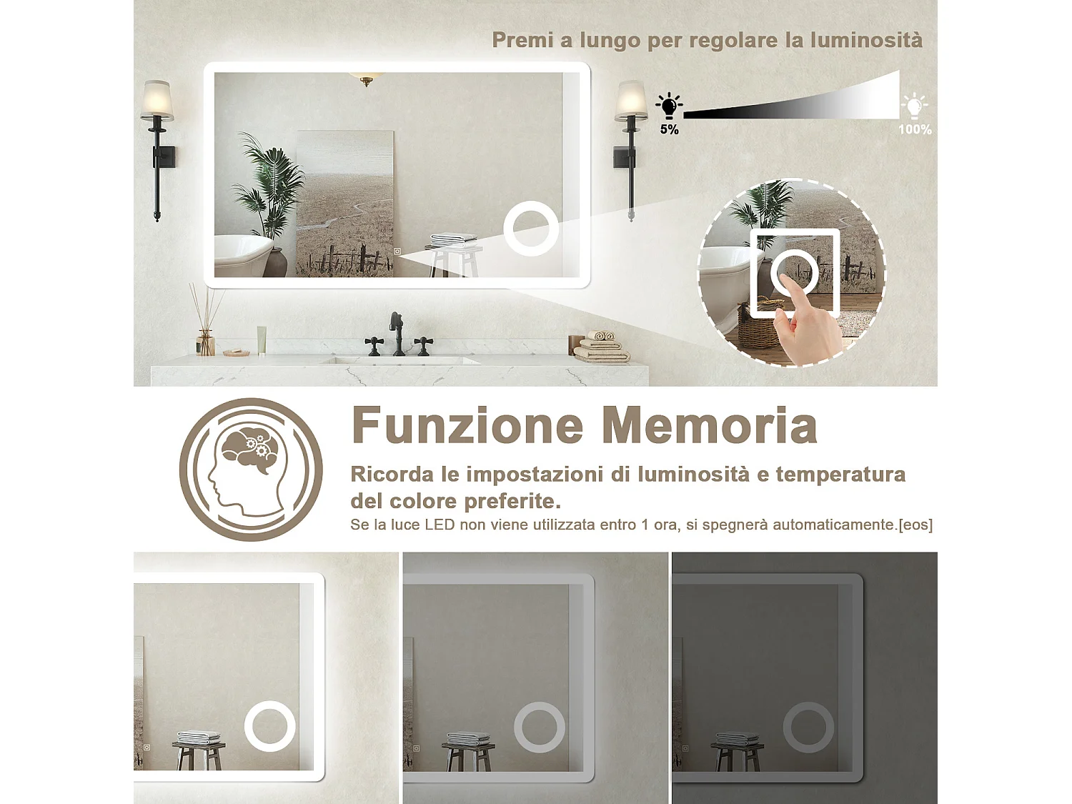 Specchio bagno Rettangolare 160x80cm Led Con 3 Luci + 3X Lente d'ingrandimento + Antiappannamento