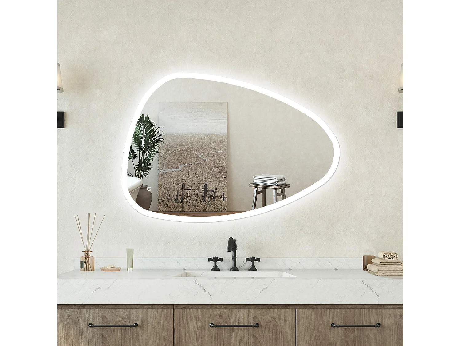 Specchio bagno Asimmetrico 80x55cm Retroilluminato Con Led, Antiappannamento + 3 Luci + Antiappannamento
