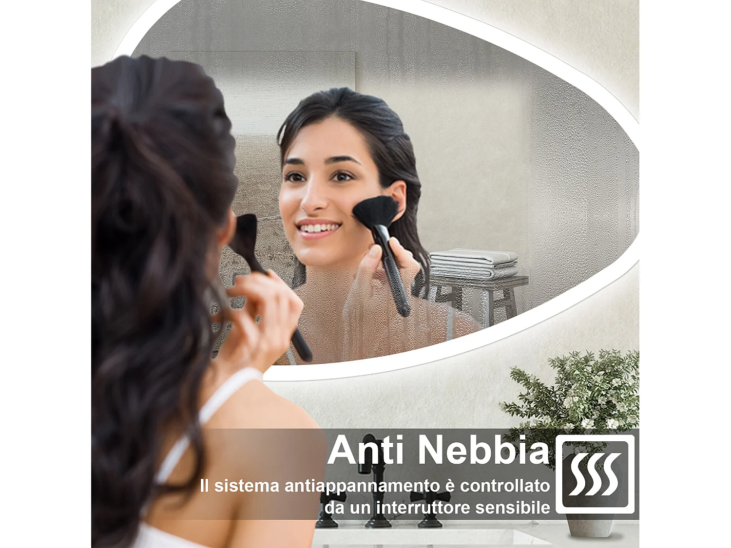 Specchio bagno Asimmetrico 80x55cm Retroilluminato Con Led, Antiappannamento + 3 Luci + Antiappannamento