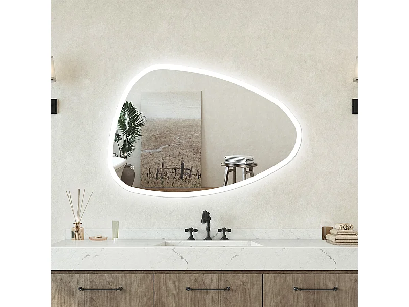Specchio bagno Asimmetrico 80x55cm Retroilluminato Con Led, Antiappannamento + 3 Luci + Antiappannamento