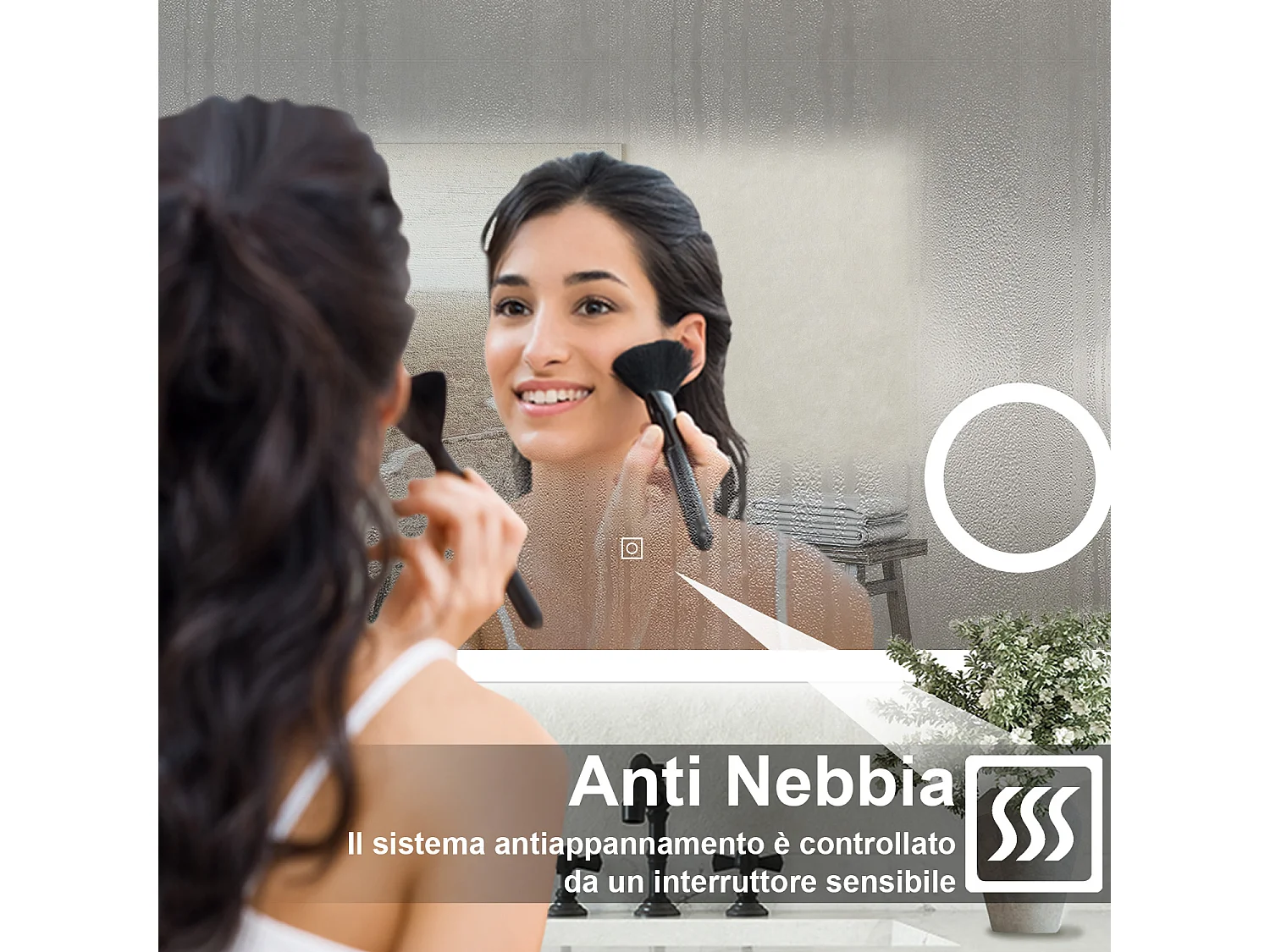 Specchio bagno Rettangolare 80x60cm Led Con 3 Luci + 3X Lente d'ingrandimento + Antiappannamento