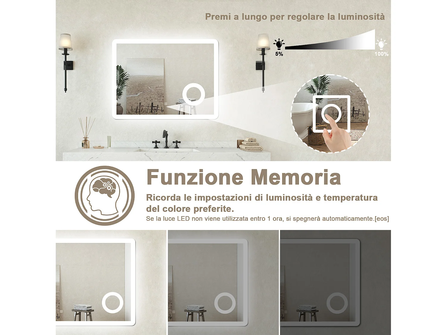 Specchio bagno Rettangolare 80x60cm Led Con 3 Luci + 3X Lente d'ingrandimento + Antiappannamento