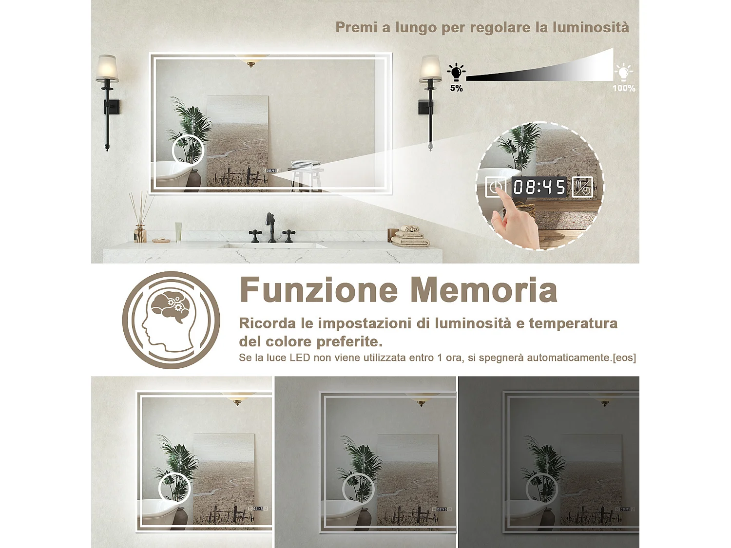 Specchio bagno Rettangolare 100x60cm Led Con 3 Luci + 3X Lente d'ingrandimento + Orologio + Antiappannamento