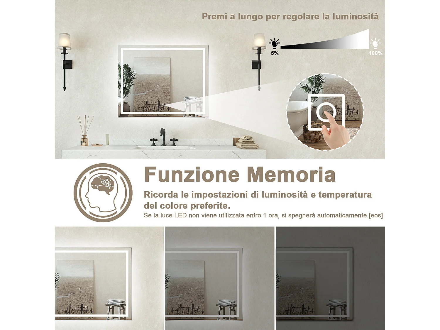 Specchio bagno Rettangolare 100x60cm Retroilluminato Con Led, Antiappannamento + 3 Luci