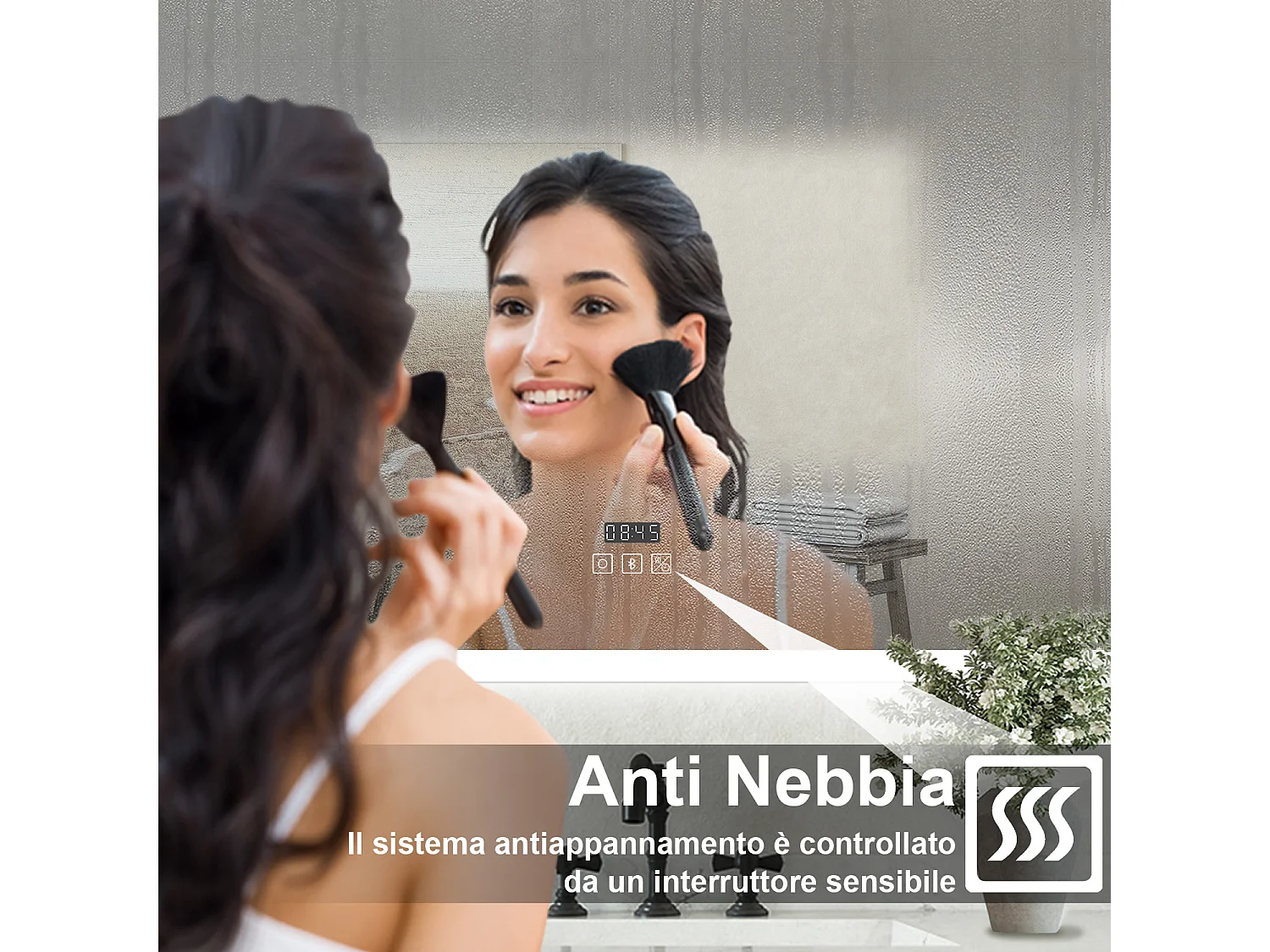 Specchio bagno Rettangolare 140x80cm Led Con 3 Luci Bluetooth + Orologio + Antiappannamento