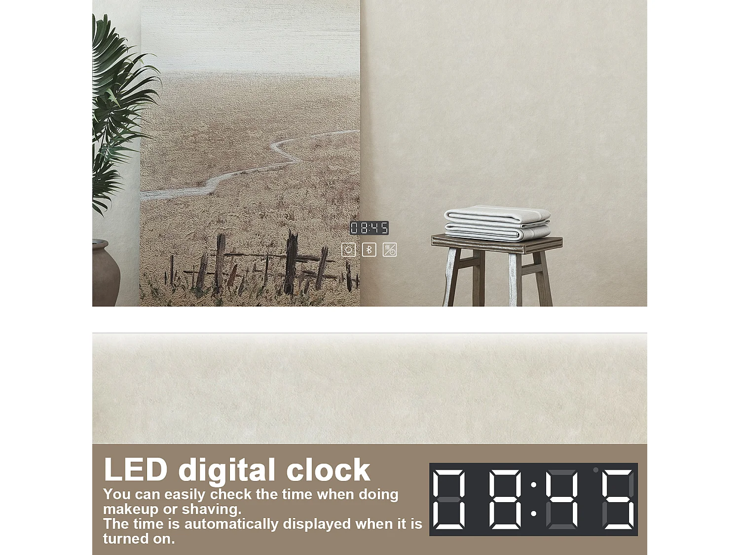 Specchio bagno Rettangolare 140x80cm Led Con 3 Luci Bluetooth + Orologio + Antiappannamento