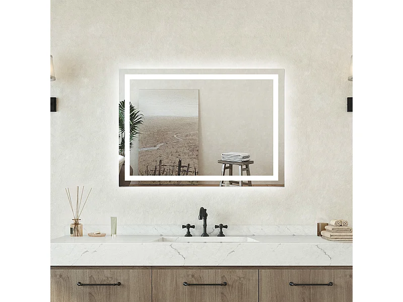 Specchio bagno Rettangolare 90x70cm Retroilluminato Con Led, Antiappannamento + 3 Luci