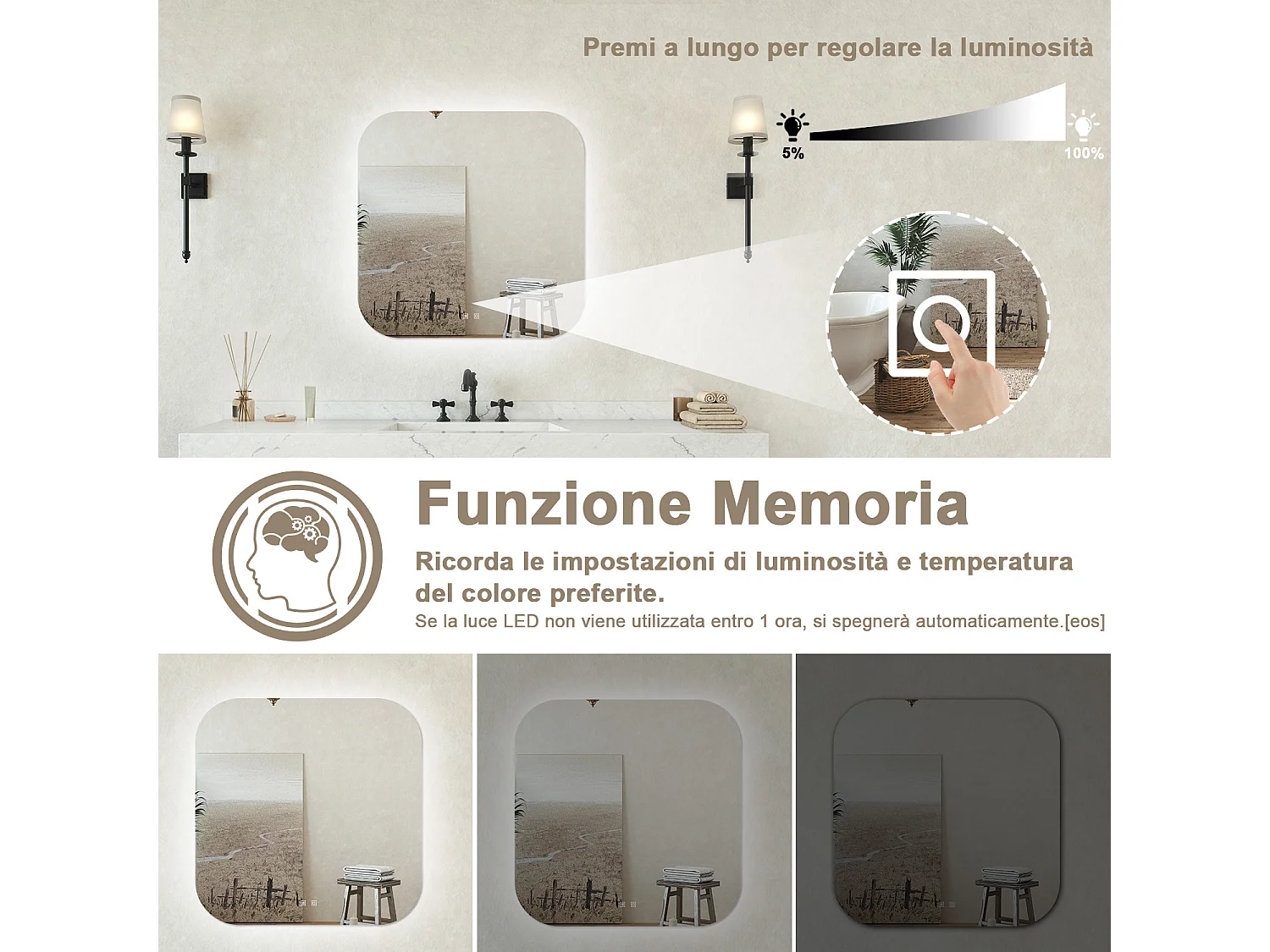 Specchio bagno Ovale 80x80cm Retroilluminato Con Led, Antiappannamento + 3 Luci
