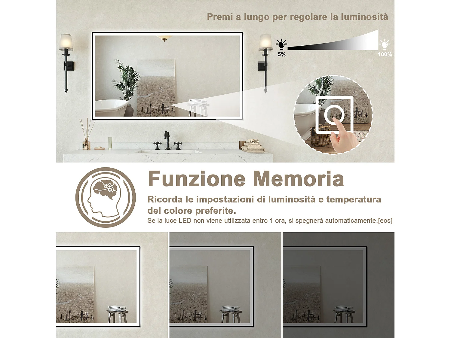 Specchio bagno Rettangolare 100x60cm Retroilluminato Con Led, Antiappannamento + 3 Luci