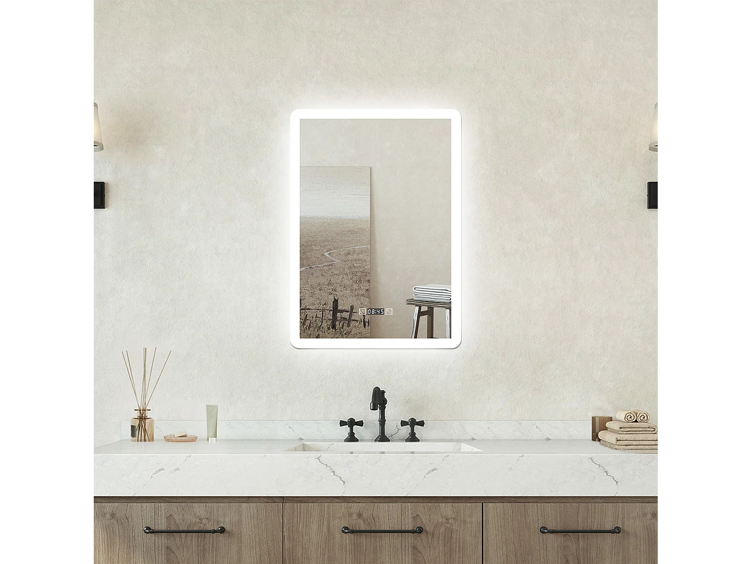 Specchio bagno Rettangolare 50x70cm Led Con 3 Luci + Orologio + Antiappannamento