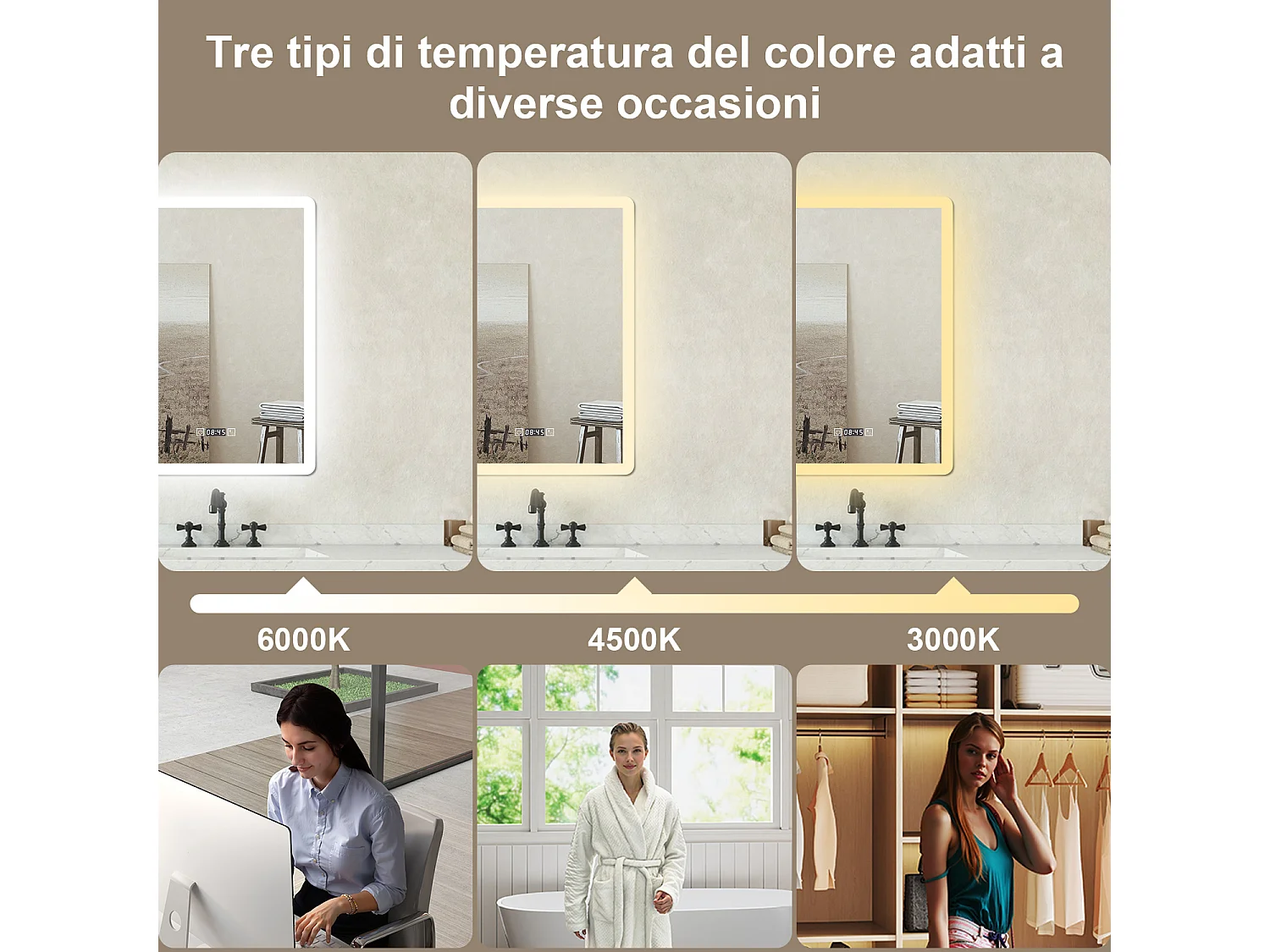 Specchio bagno Rettangolare 50x70cm Led Con 3 Luci + Orologio + Antiappannamento