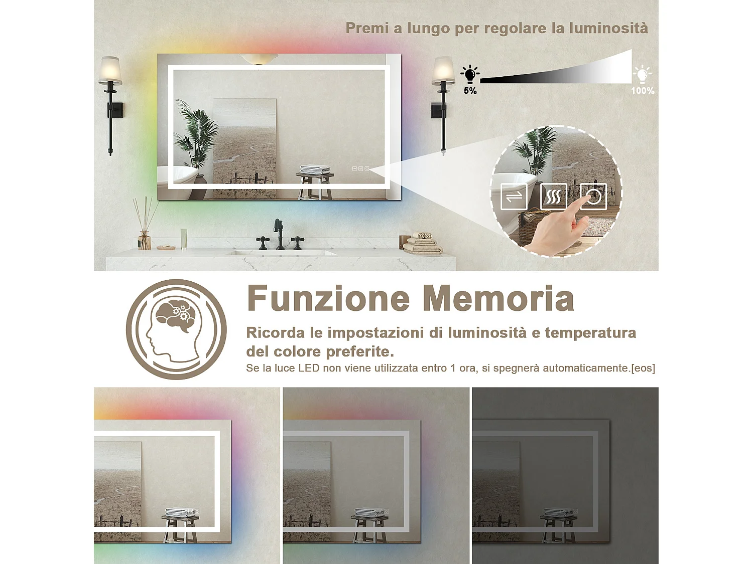 Specchio bagno Rettangolare 100x60cm Led Con 3 Luci + Iridescenza arcobaleno + Antiappannamento