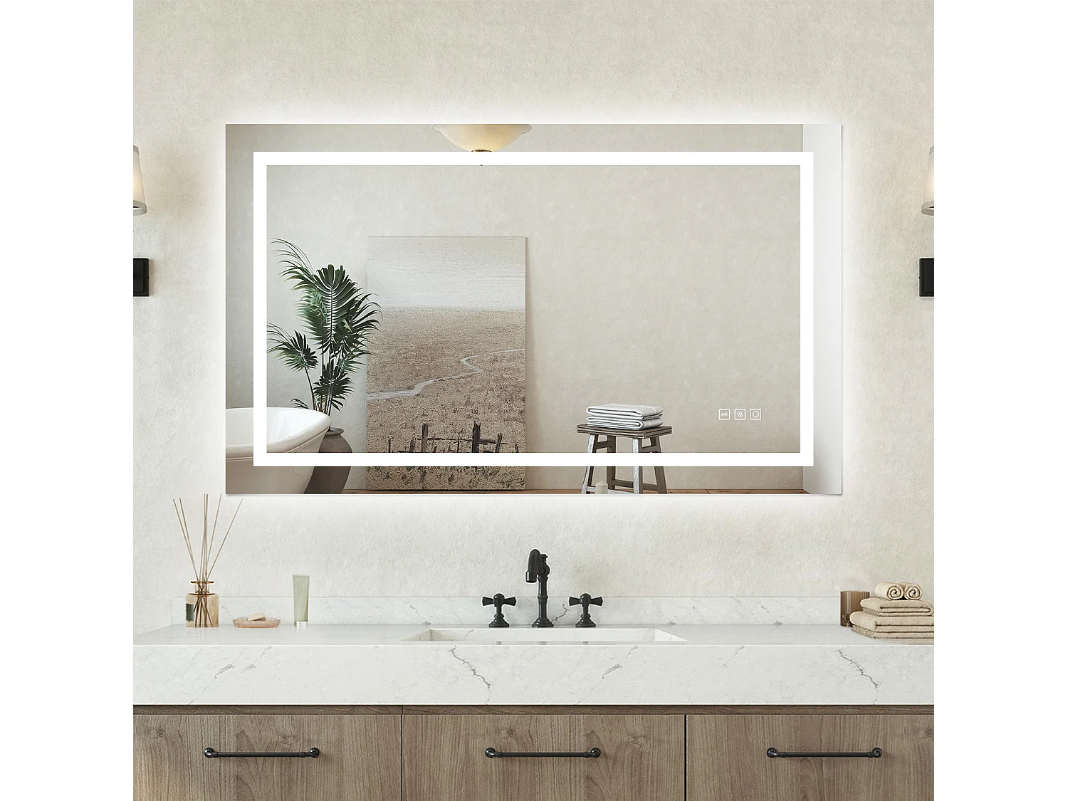 Specchio bagno Rettangolare 100x60cm Led Con 3 Luci + Iridescenza arcobaleno + Antiappannamento