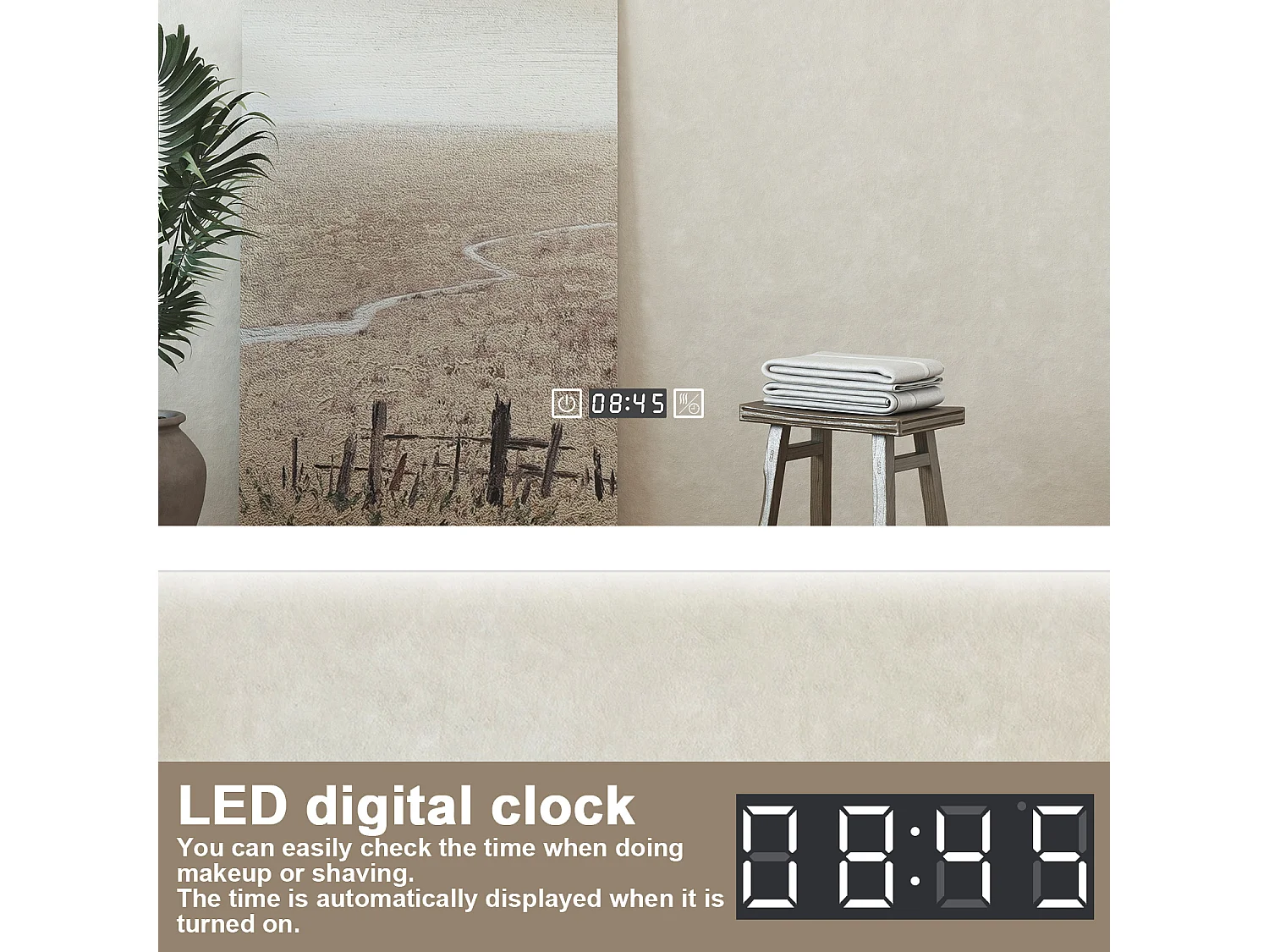 Specchio bagno Rettangolare 70x50cm Led Con 3 Luci + Orologio + Antiappannamento