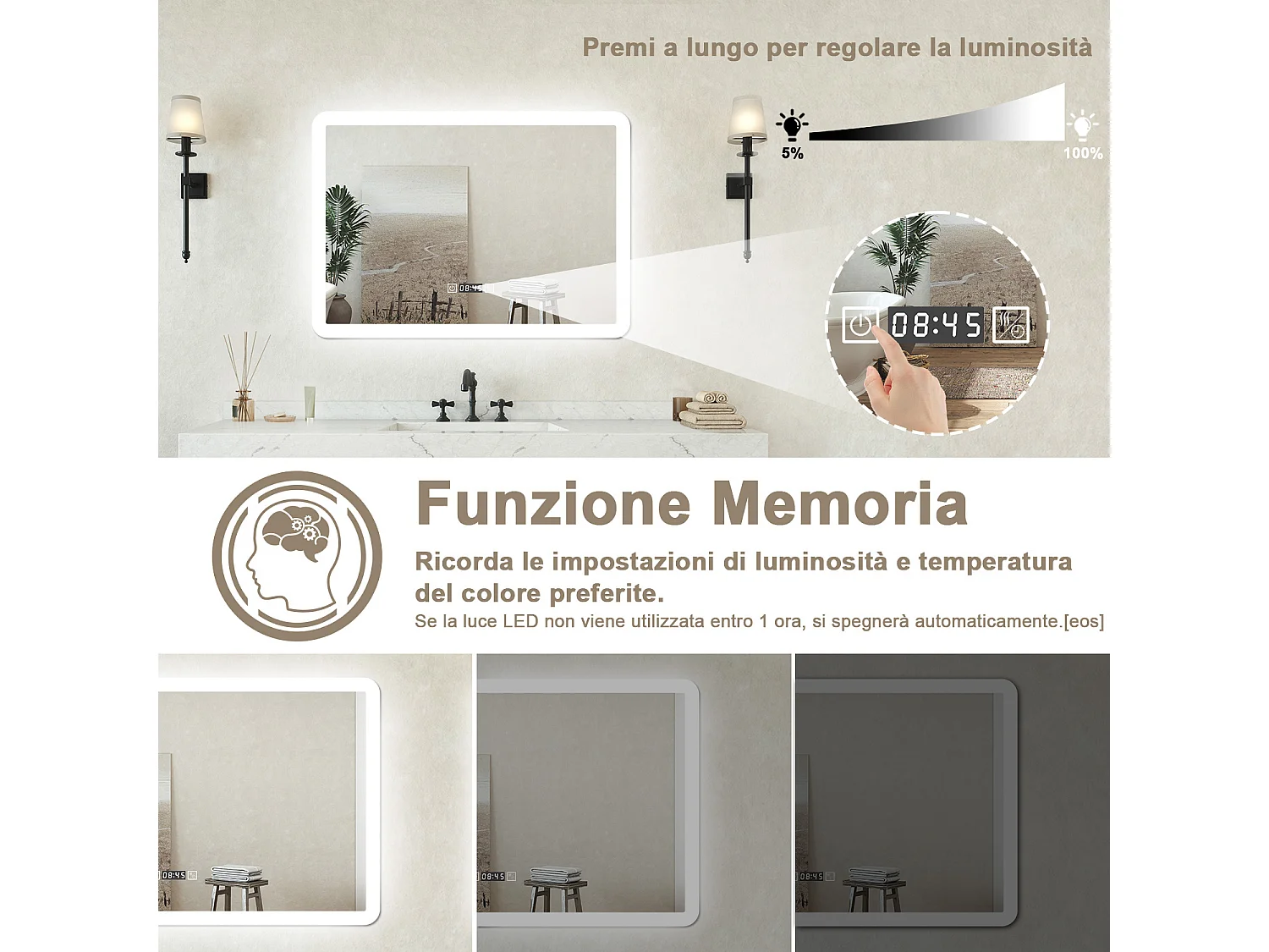 Specchio bagno Rettangolare 70x50cm Led Con 3 Luci + Orologio + Antiappannamento