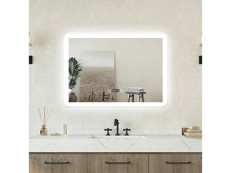 Specchio bagno Rettangolare 70x50cm Led Con 3 Luci + Orologio + Antiappannamento