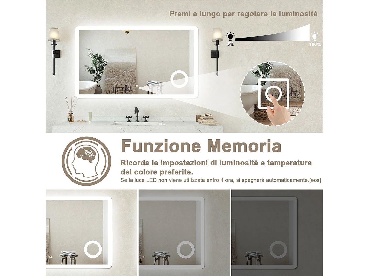 Specchio bagno Rettangolare 100x60cm Led Con 3 Luci + 3X Lente d'ingrandimento + Antiappannamento