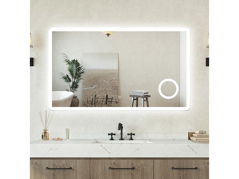 Specchio bagno Rettangolare 100x60cm Led Con 3 Luci + 3X Lente d'ingrandimento + Antiappannamento