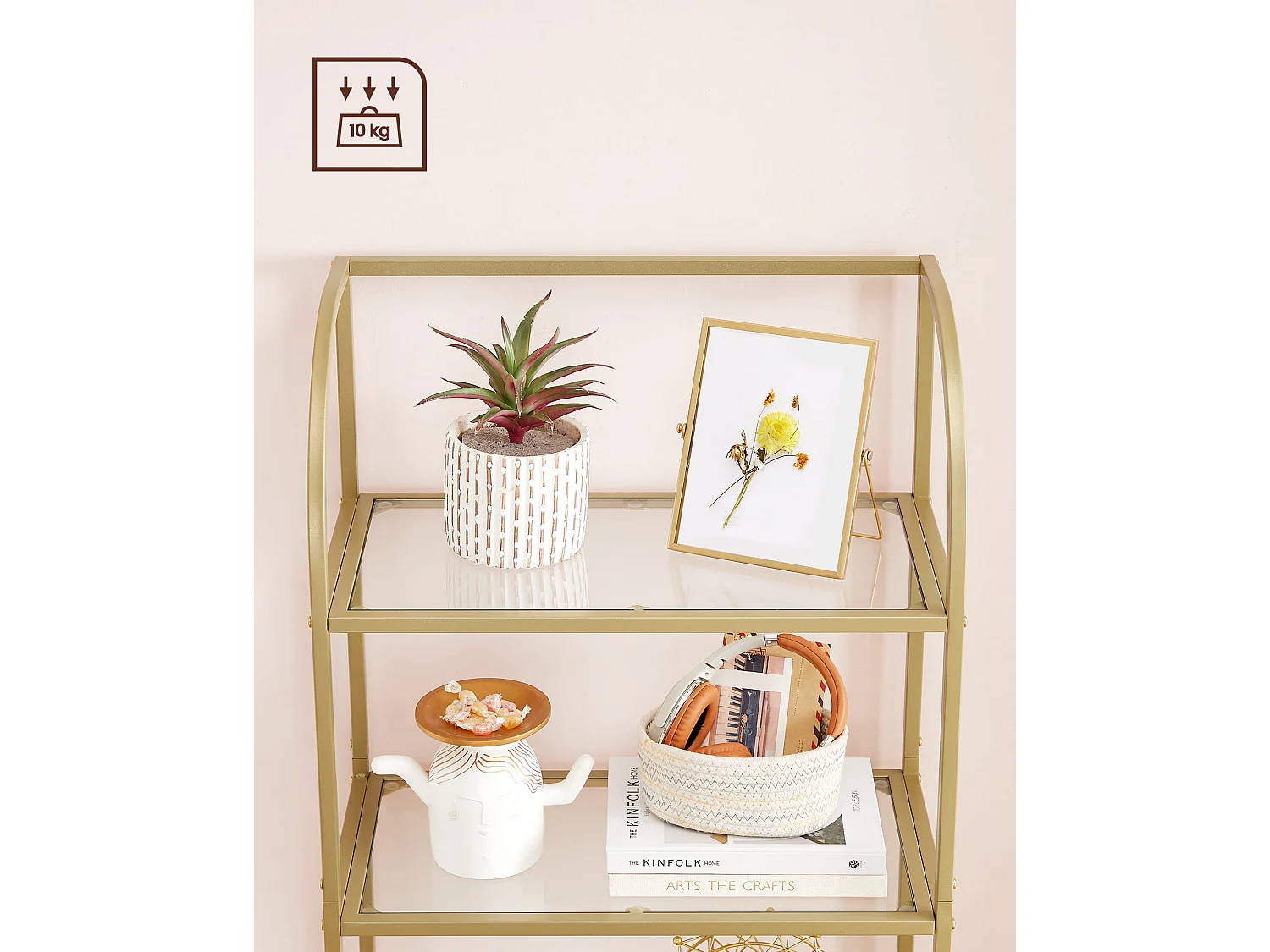 Valora Bücherregal LGT051A61 Glasablage Gold Stahl für Wohnzimmer