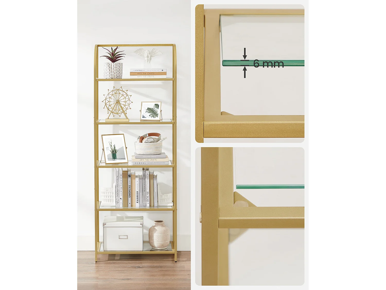 Valora Bücherregal LGT051A61 Glasablage Gold Stahl für Wohnzimmer