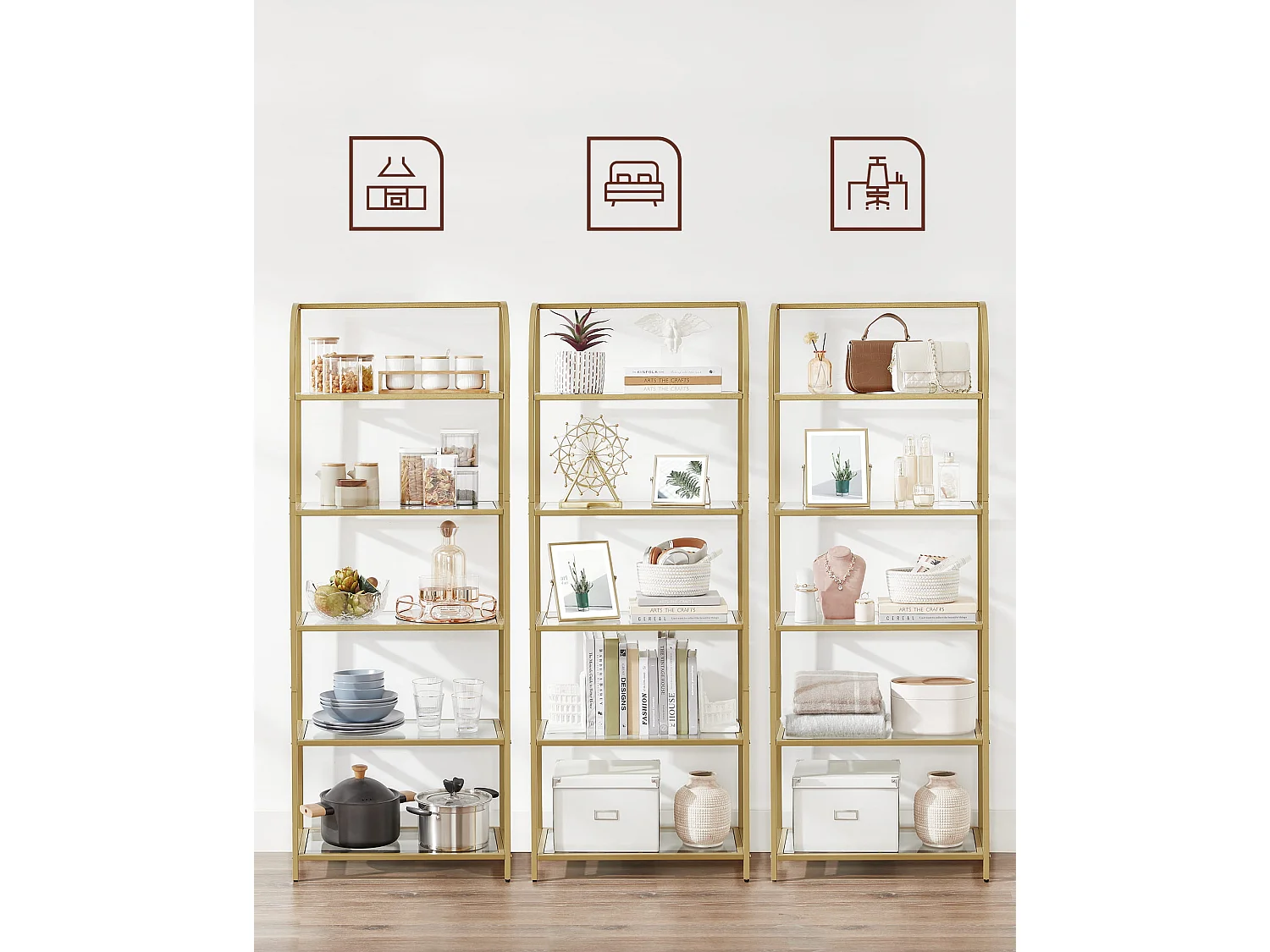 Valora Bücherregal LGT051A61 Glasablage Gold Stahl für Wohnzimmer