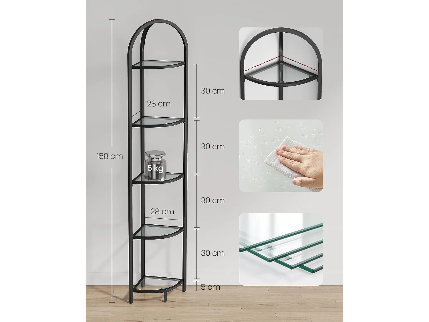 Valora Bücherregal LGT810B61 mit Glasablage, schwarz, moderner Stil für das Wohnzimmer