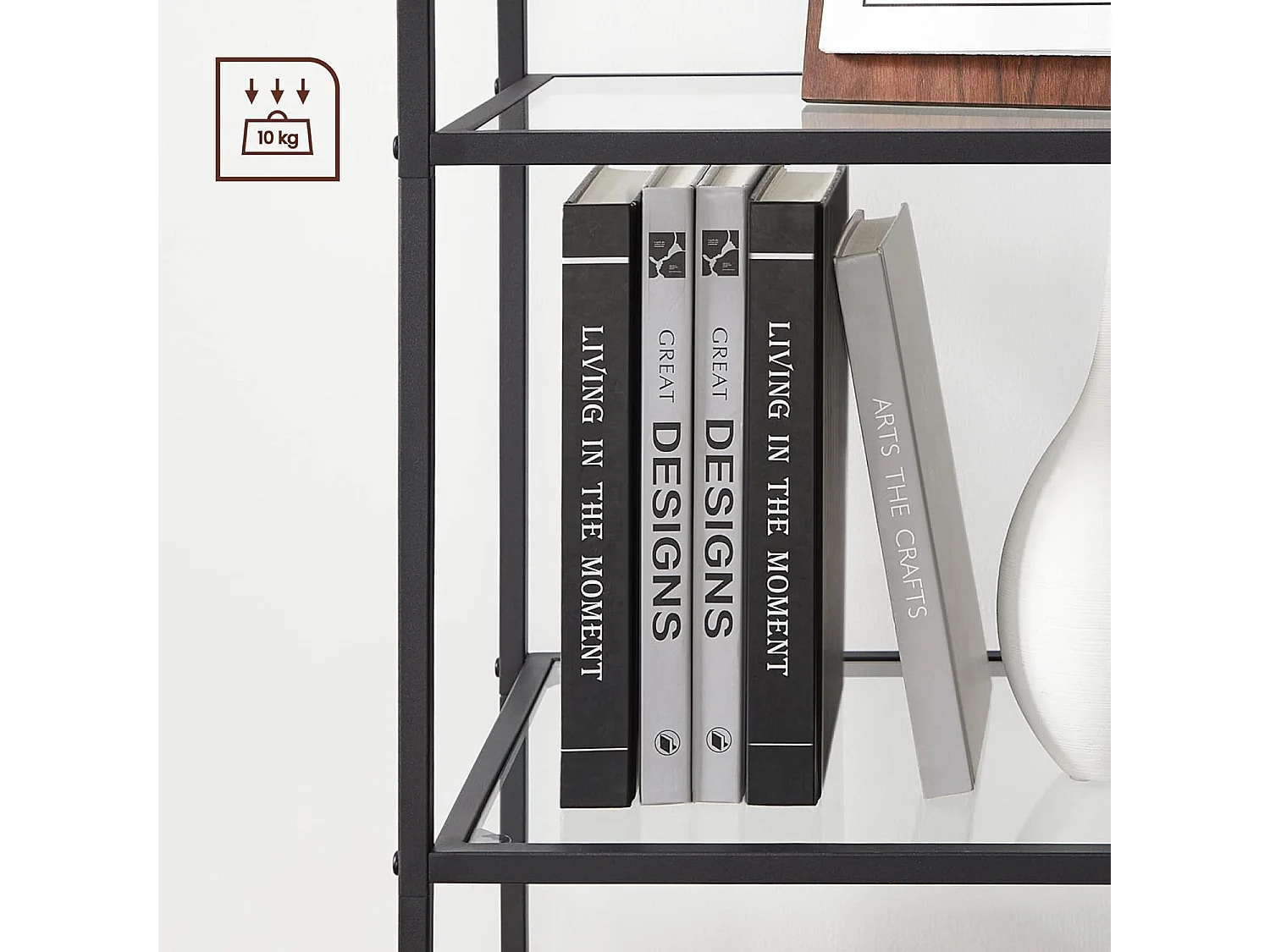 Valora Bücherregal, Glasböden, schwarzes Metall, 4 Ablagen