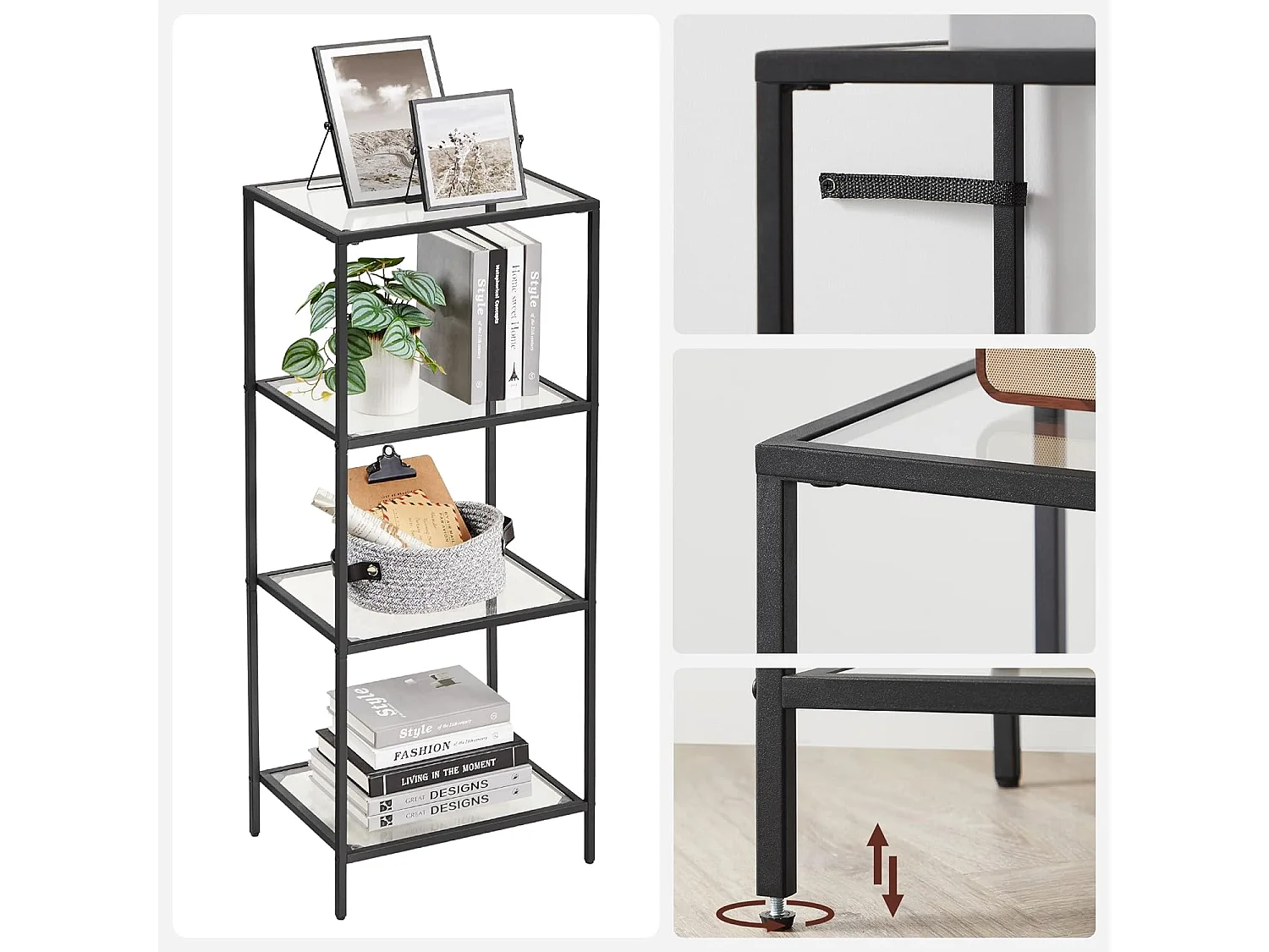 Bibliothèque Valora, étagères en verre, métal noir, 4 étagères