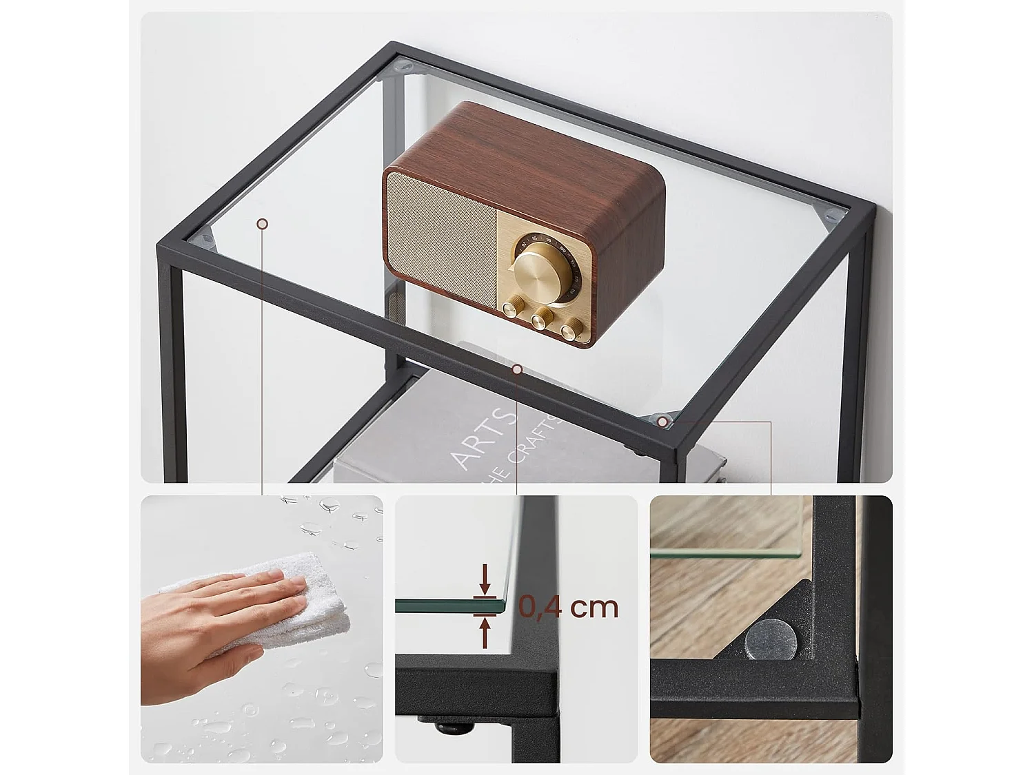 Bibliothèque Valora, étagères en verre, métal noir, 4 étagères