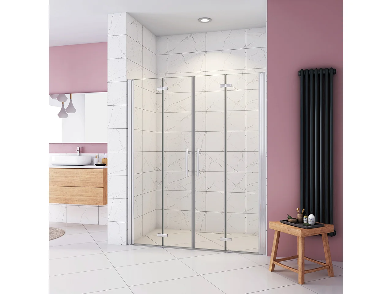 Box Doccia in Linea per Nicchia 185 cm Doppia Porta Battente 4 Ante Pieghevoli Saloon Vetro Temperato 6 mm Anticalcare 135 cm (1318-1358 mm)