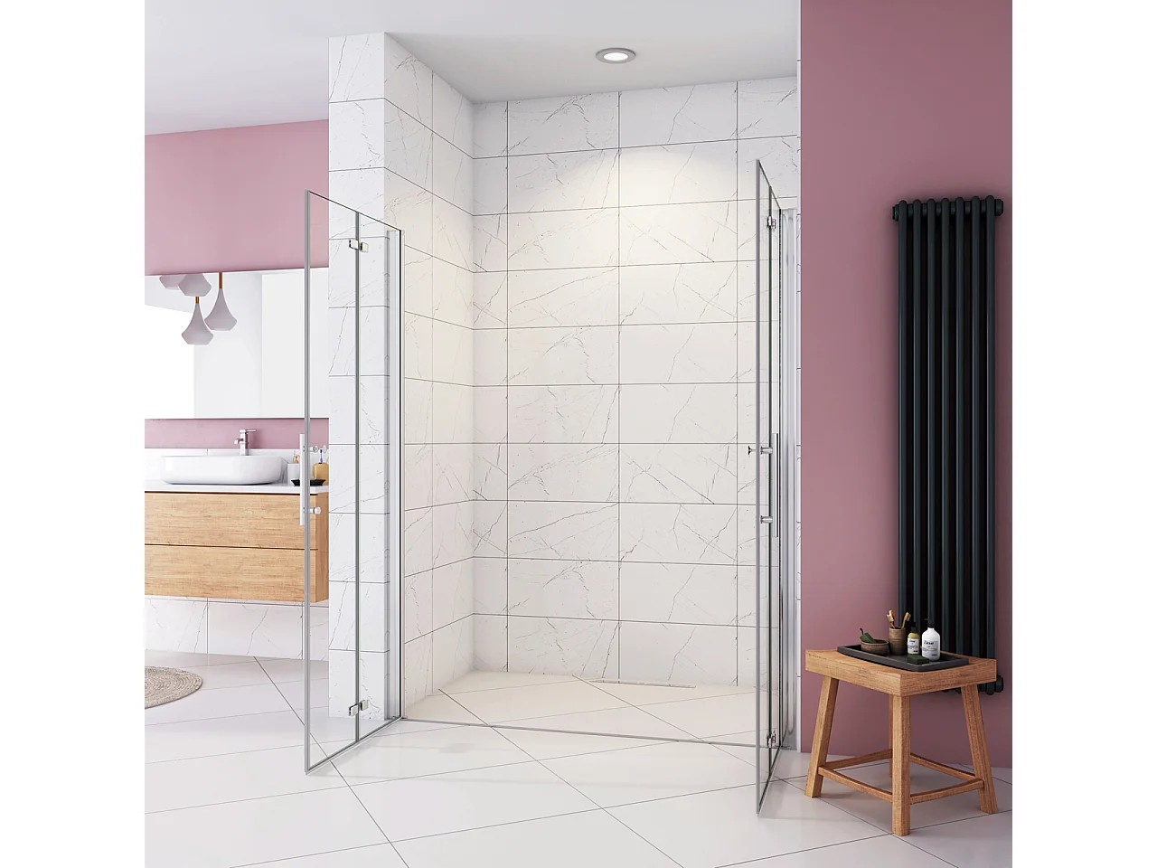 Box Doccia in Linea per Nicchia 185 cm Doppia Porta Battente 4 Ante Pieghevoli Saloon Vetro Temperato 6 mm Anticalcare 135 cm (1318-1358 mm)