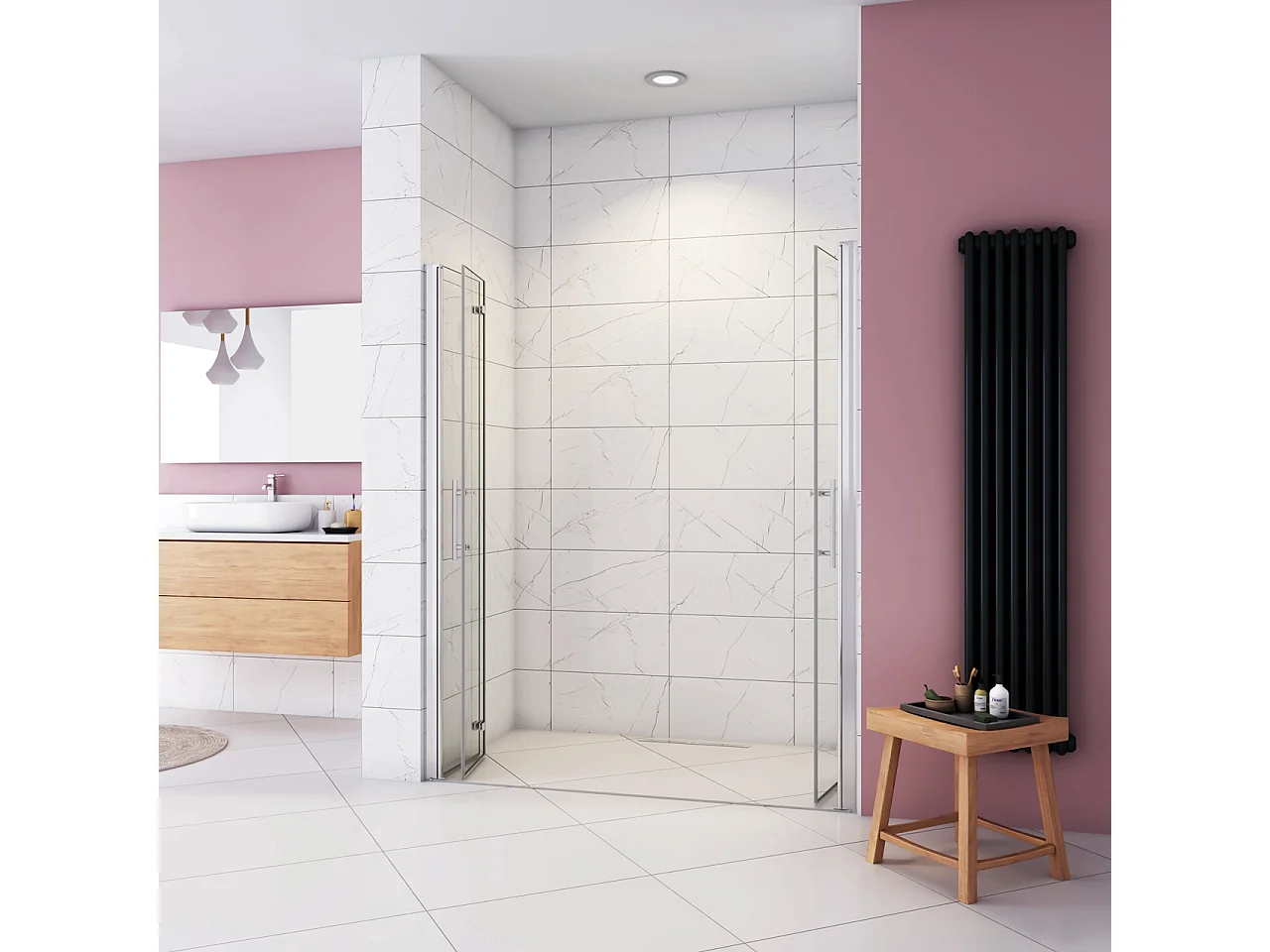 Box Doccia in Linea per Nicchia 185 cm Doppia Porta Battente 4 Ante Pieghevoli Saloon Vetro Temperato 6 mm Anticalcare 135 cm (1318-1358 mm)