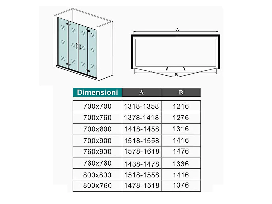 Box Doccia in Linea per Nicchia 185 cm Doppia Porta Battente 4 Ante Pieghevoli Saloon Vetro Temperato 6 mm Anticalcare 135 cm (1318-1358 mm)