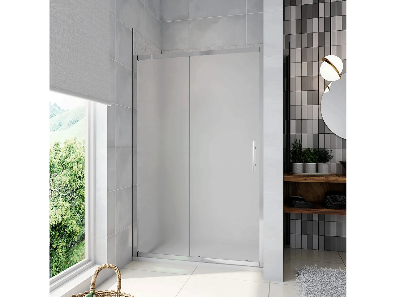 130x185 cm Porta Doccia Per Nicchia Anta Scorrevole Ingresso Laterale In Vetro Temperato 5mm Satinato Opaco